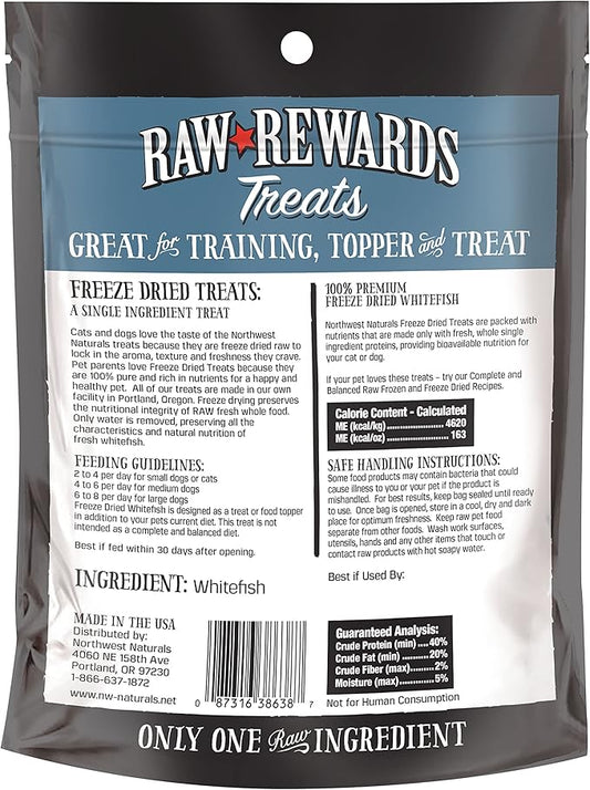 Northwest Naturals Raw Rewards Freeze-Dried Whitefish Treats for Dogs and Cats - Bite-Sized Pieces - Healthy, 1 Ingredient, Human Grade Pet Food, All Natural - 2.5 Oz