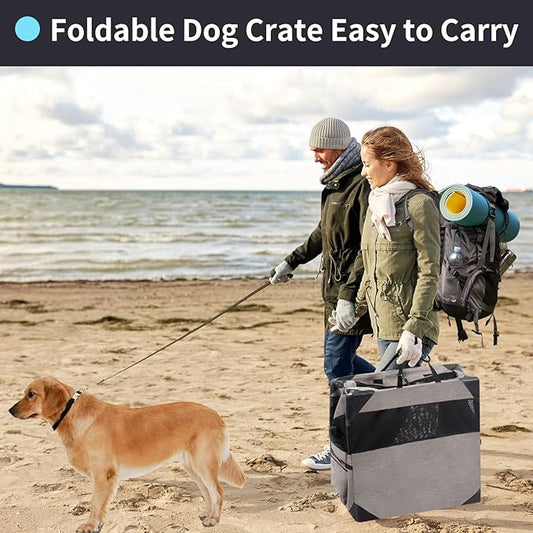 36 Inch Portable Travel Dog Crate, 3 Door Collapsible Soft Pet Kennel with Durable Mesh Windows for Medium Dogs, Foldable Dog Cage with Storage Pocket for Outdoor (Light Grey)