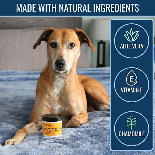 HealthSmart Ear & Eye Wipes for Dogs & Cats, Puppy & Kitty Essentials, Gently Formulated, Removes Debris Around Ears & Eyes, 100 Count, Travel Size