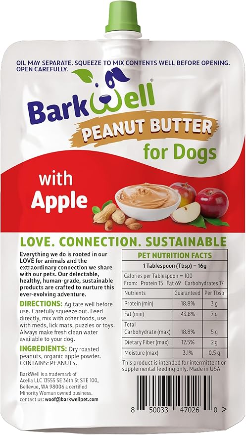 Peanut Butter Squeeze - 8oz Pouch All-Natural Dog Peanut Butter with Apple, Sourced and Made in The USA Dog Treat