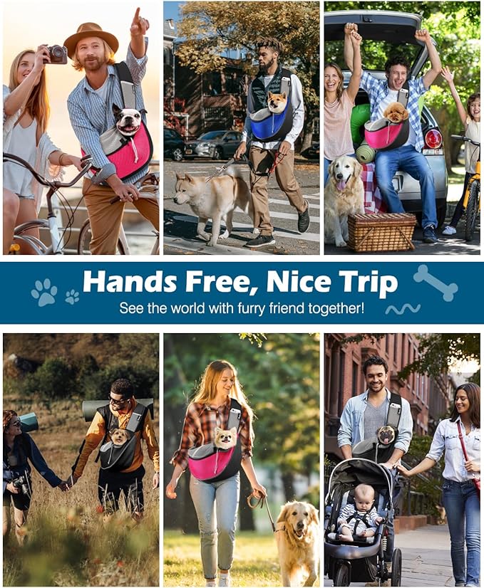 Pawaboo Dog Sling Carrier, Dog Papoose with Zipper Touch Pocket, Hand Free Breathable Mesh Puppy Carrier, Crossbody Satchel Dog Purse with Adjustable Strap for Outdoor Travel, Pink, Large