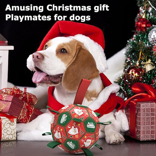 QDAN Christmas Dog Soccer Balls with Straps, Interactive Dog Toys for Tug of War, Puppy Birthday Gifts, Dog Tug Toy, Dog Water Toy, Durable Dog Balls for Small & Medium Dogs(6 Inch)