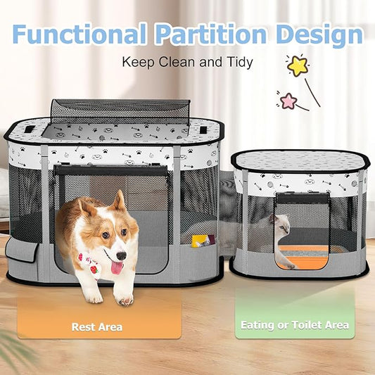 Portable Cat Playpen, Foldable Pet Dog Playpen, for Kitten Puppy Play Pen Indoor/Outdoor, Cats Enclosure Cages Tent with Carrying Case, 600D Oxford 8-Rods, 32"x24"x22", Grey