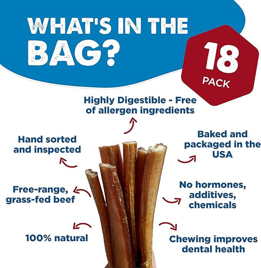 Best Bully Sticks 6 Inch All-Natural USA-Baked Bully Sticks for Dogs - 6” Easily digestible, 100% Grass-Fed Beef, Grain and Rawhide Free | 18 Pack