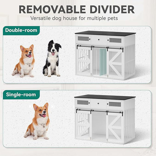 YITAHOME 48" Wooden Dog Crate Furniture with Removable Divider, Large Dog Kennel with Drawers, Double Doors & Locks Design, Dog Crate Furniture TV Stand for Medium Large Dogs