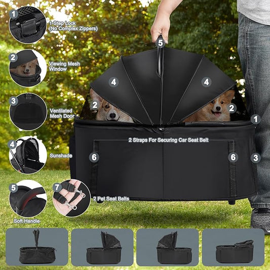 Dog Stroller, 3 in 1 Folding Cat Stroller, 4 Wheels Pet Stroller for Medium/Small Dogs, Puppy Stroller with Detachable Carrier&Storage Basket, Dog Strollers with Sun Shade&Breathable Visible Mesh