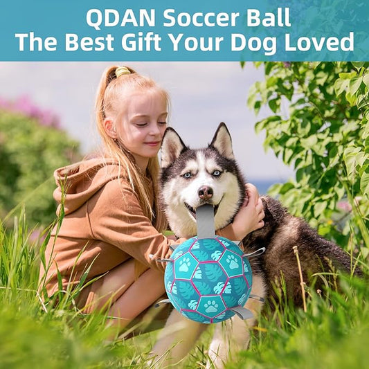 QDAN Dog Toys Soccer Ball with Straps - Durable Dog Balls for Extra Large Dogs, Beach Pool Dog Water Toy, Dog Tug Toys for Tug of War, Puppy Dog Birthday Gifts, Herding Balls for Dog, Blue (9 Inch)