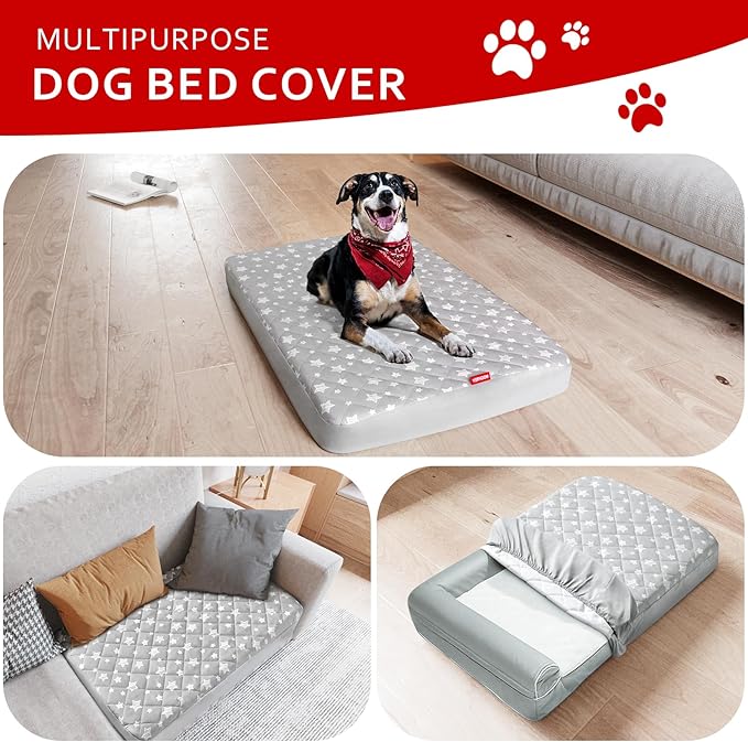 Dog Bed Covers Replacement Washable Pet Hair Easy to Remove, Waterproof Dog Bed Covers Noiseless Quilted, Pet Bed Cover Lovely Grey Star Print, Puppy Bed Cover 35x44 Inches, for Dog/Cat, Cover Only
