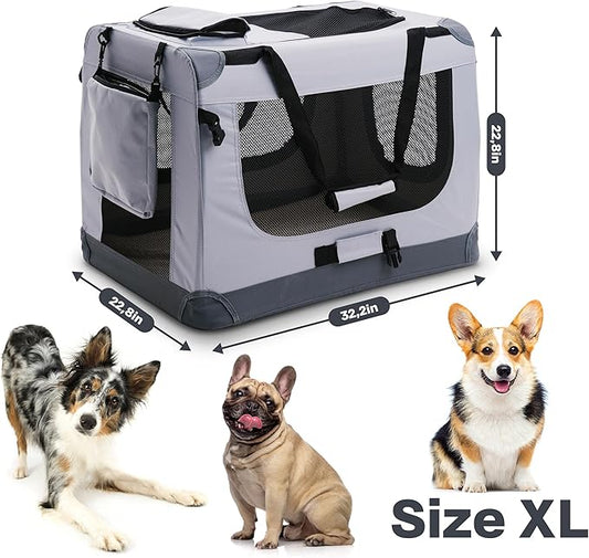 Folding X-Large Dog Carrier (32,2"*22,8"*22,8") Pet Carrier, Soft Dog Crate with 3 Durable Tear-Resistant Mesh Window, Soft Pad and Bag for Supplies, Travel Crate Kennel for Pets (Gray)