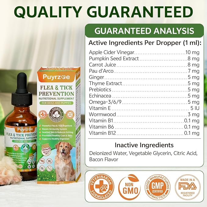 Natural Flea and Tick Prevention for Dogs, 60ML Herbal Formula with Multivitamins, Pumpkin Seed, Flea and Tick Treatment Supplement Drops for Dogs & Puppies - Supports Immunity, Skin & Coat Support