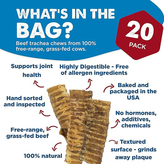 Best Bully Sticks Premium 6 Inch Beef Trachea Dog Chews (20 Pack) - All-Natural, Grain-Free, 100% Beef, Single-Ingredient Dog Treat Chew - Promotes Dental Health