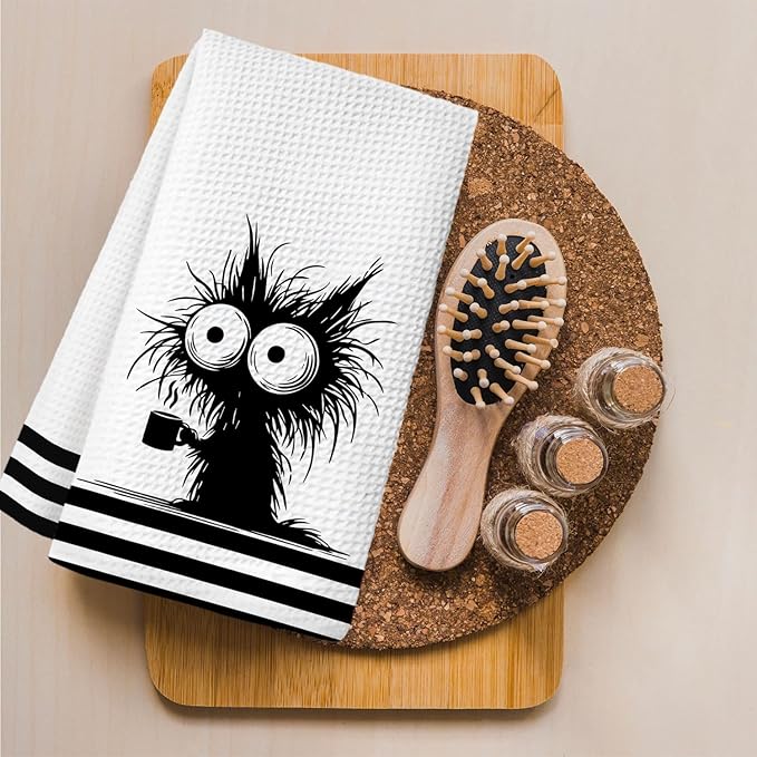 Funny Coffee Black Cat Kitchen Towels, Cat Lover Mom Lady Gifts for Women Dish Towels for Kitchen Drying, Quirky Kitten Kitty Hand Towels for Bathroom, 16x24 Inch