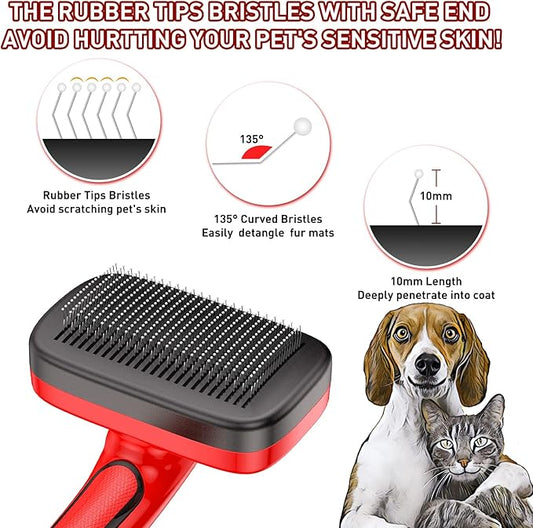 Self Cleaning Slicker Brush for Shedding Long Short Haired Dogs & Cats, Remove Loose Tangling Knot Undercoat Fur Mats, Grooming Brush with Retractable Bristles for Small Medium Large Pet, Red