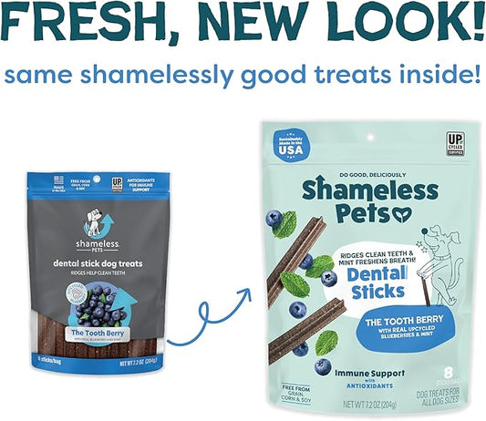 Shameless Pets Dental Treats for Dogs, Variety (4-Pack) - Healthy Teeth Cleaning Sticks for Fresh Breath - Dog Bones Dental Chews Free from Grain, Corn & Soy