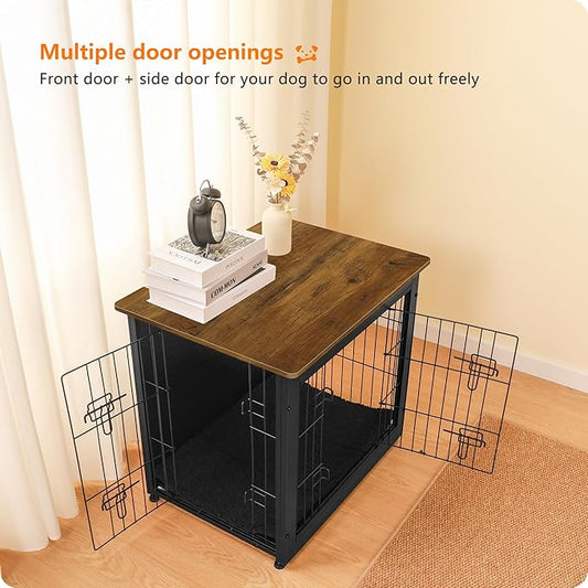 DWANTON Dog Crate Furniture with Cushion, Wooden Dog Crate with Double Doors, Dog Furniture, Dog Kennel Indoor for Small Dog,End Table, 27.2" L, Black+Warm Brown