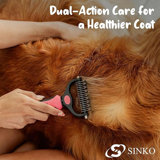 Sinko Undercoat Rake for Dogs & Cats, Dematting Comb with Extra Wide Double-Sided Stainless Teeth for Detangling, Deshedding, Brushing & Removing Shed Fur, Knots, Mats, and Tangles in Pets (Pink)