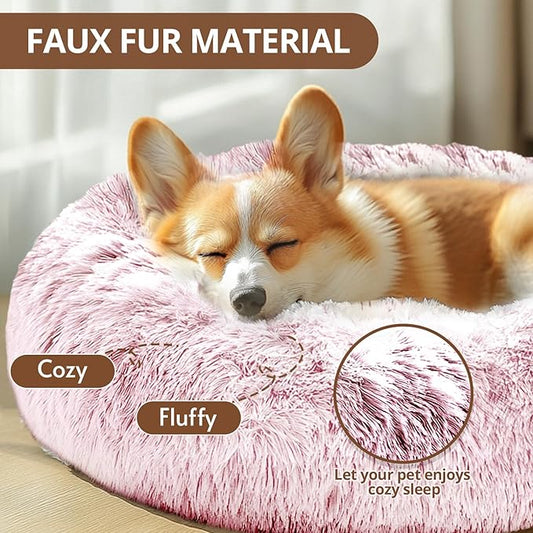 JOLLYVOGUE Dog Bed Cat Bed, Anti-Anxiety Small Dog Bed, Calming Donut Dog Bed for Puppy Bed, Fluffy Dog Beds for Small Medium Dogs, Washable Round Puppy Bed for Indoor Pet (24"/Smoke Pink