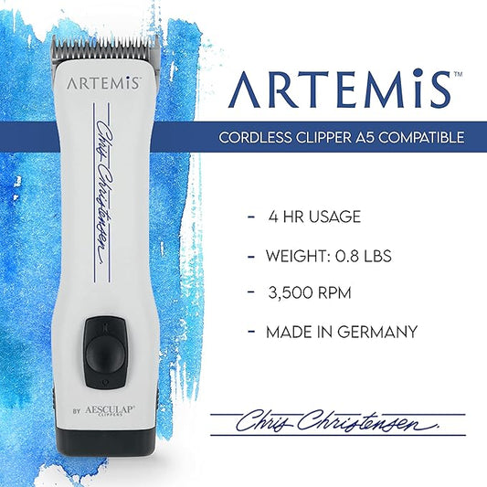 Chris Christensen Artemis Dog Clipper, Cordless Grooming, #10 Blade, Runs Quiet 63 db, Lightweight 0.84 lbs, 4-Hours Run Time Lithuim Ion Battery, Made in Germany, White