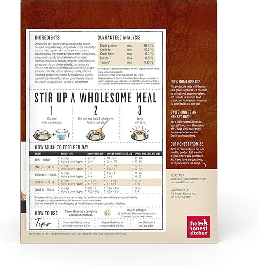 The Honest Kitchen Human Grade Dehydrated Gourmet Grains Dog Food - Beef & Salmon, 10 Pound Box