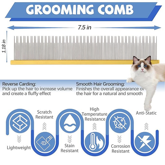 8.5 Inch Dual Tooth Pet Comb for Mats and Tangles,Professional Grooming Flea Comb Removing Excess Hair for Long-Haired Cats and Dog Kit,Prevent Undercoat, Excess Hair,Mats and Tangles,Pet Essential