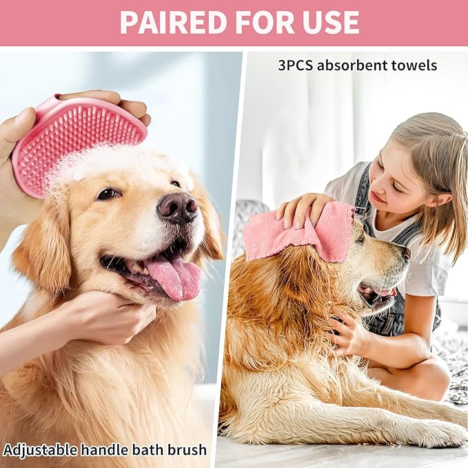 Dog Paw Cleaner for Dogs, (with 3Pcs Absorbent Towels & Adjustable Bath Brush) Dog Paw Washer, Pet Foot Cleaner (Pink, Large)