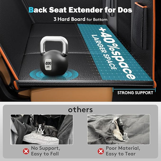 Back Seat Extender for Dogs, Dog Car Seat Cover for Back Seat Hard Bottom Holds 400LBS, Backseat Dog Cover Bed PU Leather-Waterproof Anti-Scratch, Dog Hammock for Car SUV Protector with Dog Seat Belt