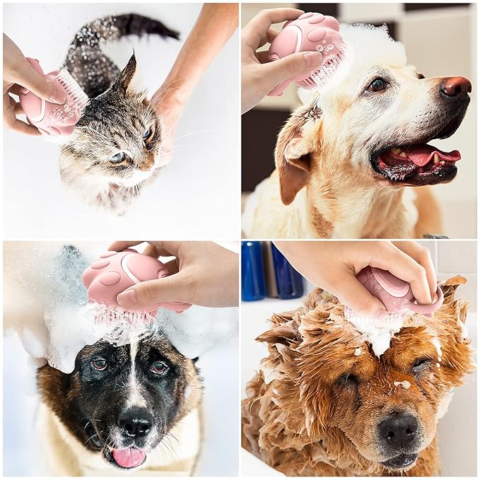 Molain Silicone Rubber Dog Cat Grooming Massage Brush - Hair Fur Cleaning with Soft Shampoo Dispenser (Pink Paw Shape)