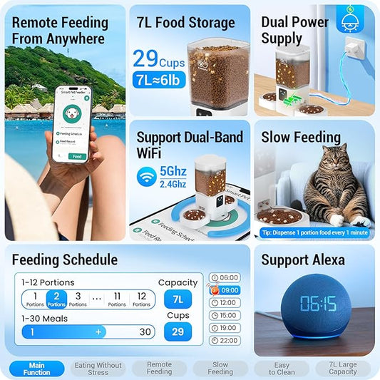 Automatic Cat Feeders 2 Cat with Slow Feed: Dual Automatic Dog Feeder with 5G WiFi, cat Food Dispenser with Alexa for Multiple Pets, Detachable for Easy Clean - 29 Cup(7L Large Capacity)
