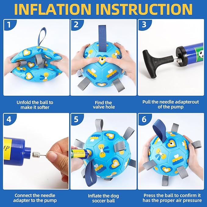 QDAN Dog Toys Soccer Ball with Straps - Durable Dog Balls for Large Dogs, Beach Pool Dog Water Toy, Dog Tug Toys for Tug of War, Puppy Dog Birthday Gifts Blue (8 Inch)