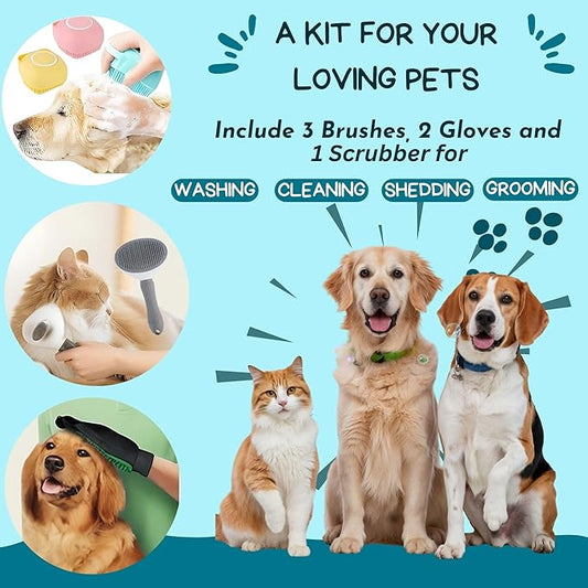 6 in 1 Dog Washing Kit for Dogs & Cats - Dog Bath Brush, Dog Shampoo Brush, Dog Scrubber for Bath, Dog Washing Gloves and Mittens for Short/Long Haired Dog/Cat - A Complete Grooming Kit for Your Pets