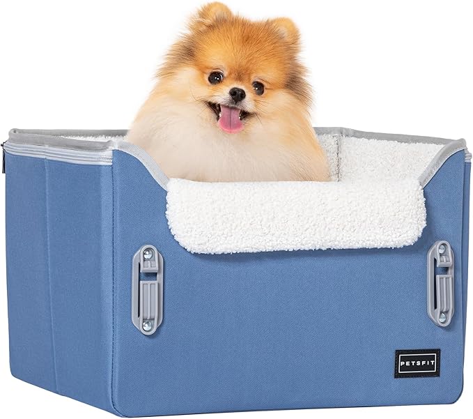 PETSFIT Small Dog Car Seat, Puppy Portable Dog Booster seat for Car with Clip-On Leash, Adjustable Straps Suitable for Small Pets Up to 25lbs (Navy Blue)