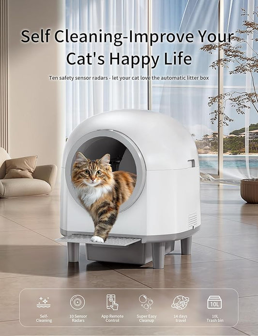 Automatic Cat Litter Box Self Cleaning,Smart Litter Box with 10 Safety Sensor Radars,100L Electric Cat Litter Boxes with Stairs for Multiple Cats,APP-Control,Advanced Odor Control OMCPET (White)