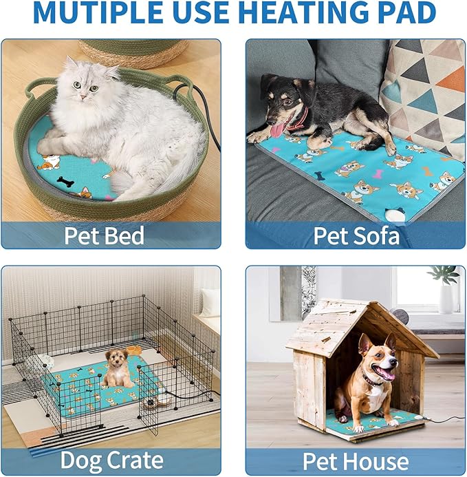 Cat Heating Pad 18x18 in Pet Heating Pad for Cats Waterproof Smart Thermostat Switch, Adjustable Heated Cat Bed, Adding Wire Rope Wires Cat Warming Pad-Blue