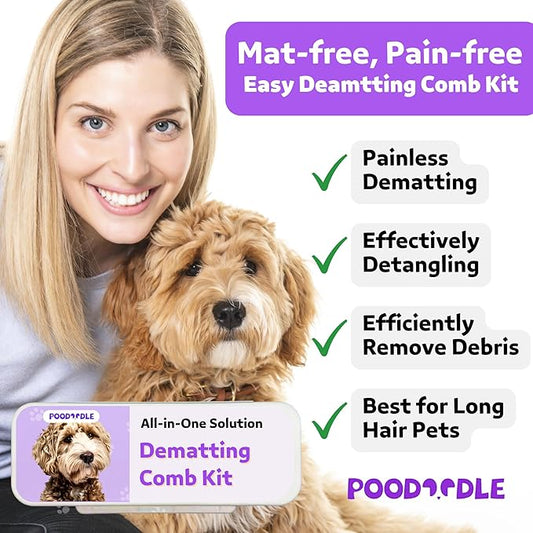 Pain-Free Dematting Comb Kit for Dogs & Cats, Dematting Rake & Detangling Dual-Side Comb Set, Dematting Brush for Dogs & Cats, Pet Grooming Tools Kit for Poodle Doodle & All Long Haired Pets