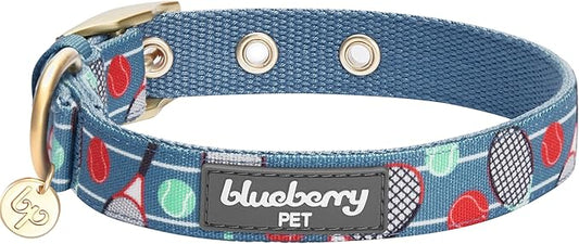 Blueberry Pet 5 Patterns Sports Fan Tennis Canvas Adjustable Dog Collar with Metal Buckle - Teal Blue, Neck 17-20.5", for Large Breed