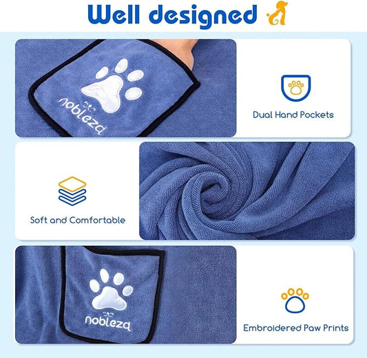 Nobleza Super Absorbent Large Dog Towels - Soft Microfiber Quick Drying Dog & Cat Bath Towel with Hand Pockets (Mazarine, 2 Pack)