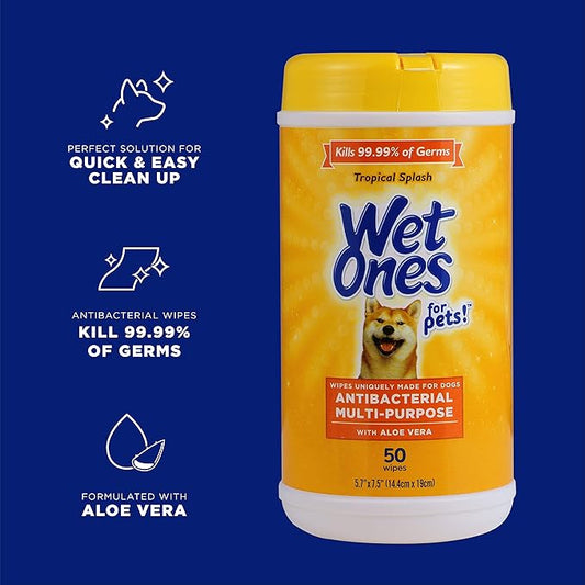 Wet Ones for Pets Multi-Purpose Dog Wipes with Aloe Vera, 50 Count - 12 Pack | Dog Wipes for All Dogs in Tropical Splash, Wipes for Paws & All Purpose