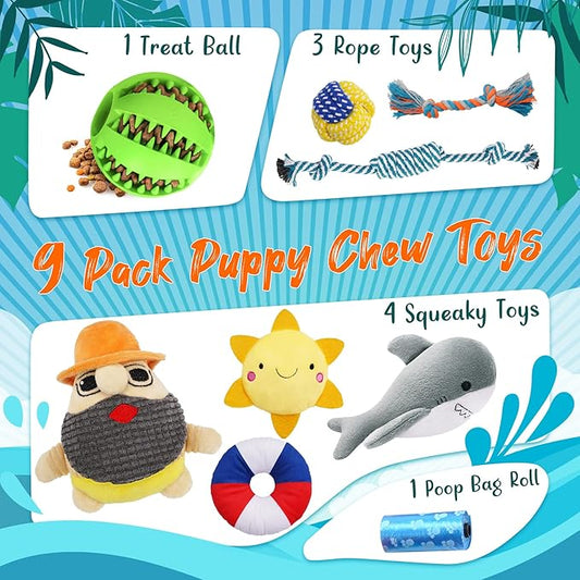 Zeaxuie 9 Pack Luxury Puppy Toys for Teething Small Dogs, Dog Toys with Cute Squeaky Puppy Chew Toys, Treat Ball and More Rope Toys