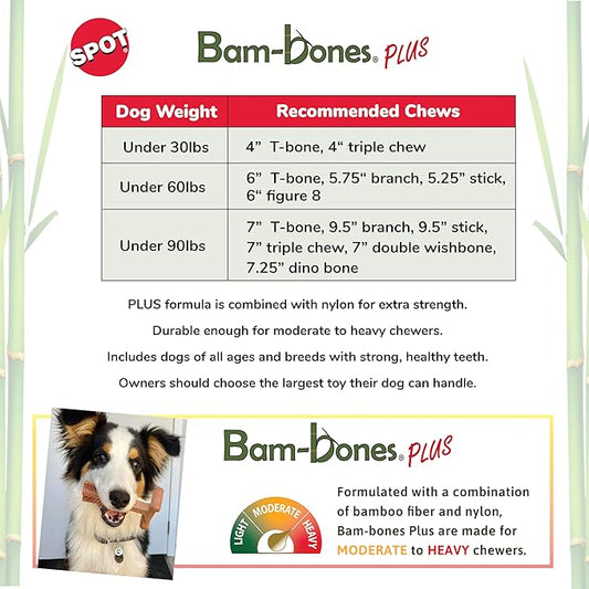 SPOT Bam-Bones Plus T Bone - Bamboo Fiber & Nylon, Durable Long Lasting Dog Chew for Aggressive Chewers – Great Toy for Adult Dogs & Teething Puppies Under 30lbs, Non-Splintering, 4in, Beef Flavor