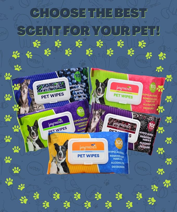 FurryFriends Pet Wipes | Lavender Chamomile Scented | Hypo-allergenic | Alcohol Free| Deodorizing | Removes Loose Hair & Dirt | Incredibly Clean | 100 ct. 1 Pack