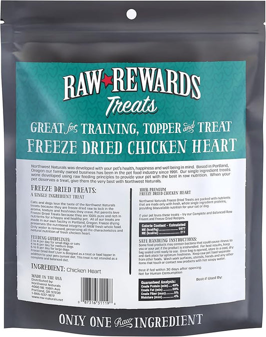Northwest Naturals Raw Rewards Freeze-Dried Chicken Heart Treats for Dogs and Cats - Bite-Sized Pieces - Healthy, 1 Ingredient, Human Grade Pet Food, All Natural - 10 Oz
