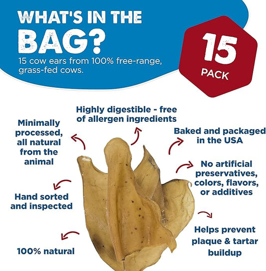 Best Bully Sticks All-Natural Cow Ears for Dogs, 15 Pack - High Protein, Easily digestible Dog Chew Treats - Single Ingredient Grass-Fed Beef