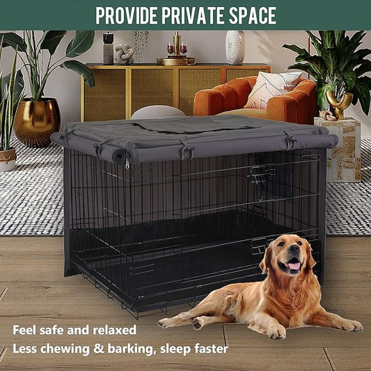 Rachmi Privacy Dog Crate Cover 42 Inch, Durable 600D Canvas Water Resistant Windproof Pet Kennel Cover for Universal Wire Crate with Double Doors, (43”Lx29”Wx31”H, Gray/Black)