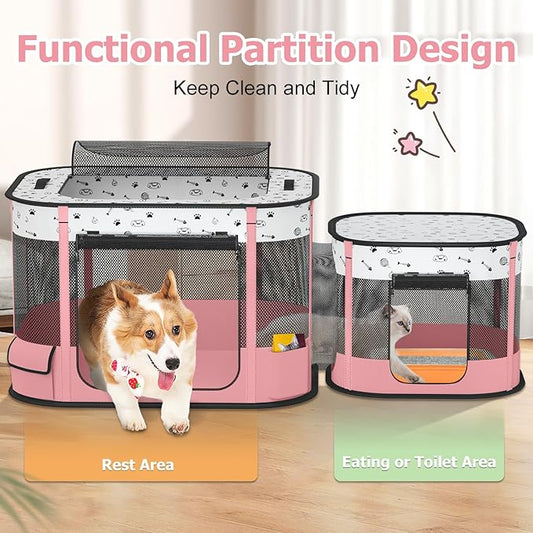 Portable Cat Playpen with litter box area, Foldable Pet Dog Playpen, for Kitten Puppy Play Pen Indoor/Outdoor, Cats Enclosure Cages Tent with Carrying Case, 600D Oxford 8-Rods, 32"x24"x22", Pink