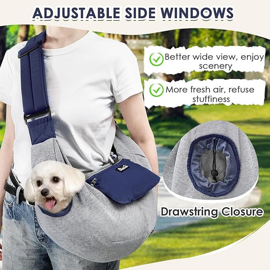 SlowTon Dog Carrier Sling - Puppy Carrier with Window and Storage Pocket Fits up to 12lbs, Dog Sling with Thick Adjustable Shoulder Strap and Safety Leash, Pet Carrier Bag for Small Dogs Cats(Blue M)