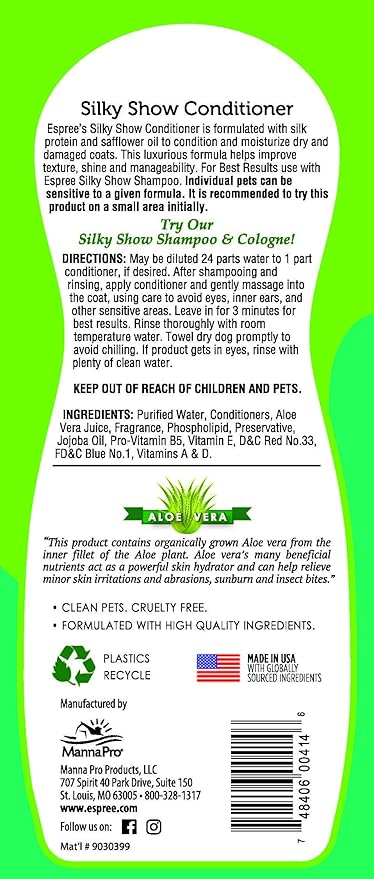 Espree Silky Show Conditioner For Dogs and Cats – Leaves Coats with Amazing Shine, Luster, and Easy Combing – Made with 100% Organically Grown Aloe Vera – 20 Ounces
