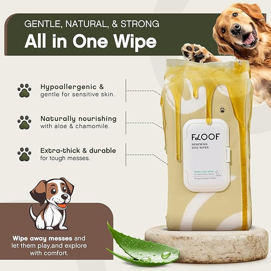 Hypoallergenic Renewing Dog Wipes - Grooming Natural Fresh Aloe Wipes for Paws, Face, Skin, Eyes, Ears, Butt - Perfect for Puppy & Adult Dogs - Vet Dermatologist Formulated - Extra Thick (72 Count)