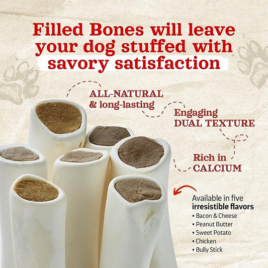 Natural Farm Filled Dog Bones, Bacon & Cheese Flavor (5-6 Inch, 3 Pack), Limited Ingredient Stuffed Dental Dog Bone Treats for Large Dogs