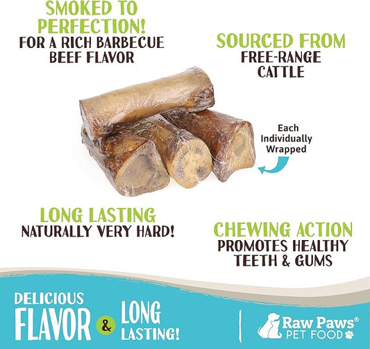 Raw Paws Smoked Beef Marrow Bones for Dogs - 6 inch, 4-ct - Packed in USA - Beef Bones for Dogs - Free Range Bone Marrow Treats for Dogs - Dog Chew Bones for Aggressive Chewers, Dog Marrow Bone Treats