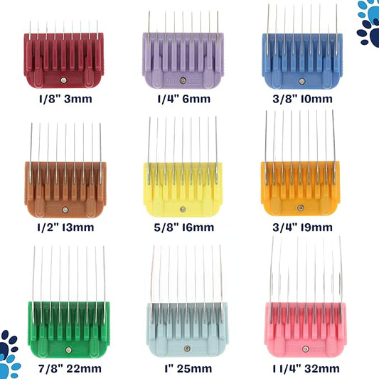 9 Piece Clipper Guard Attachment (3mm to 32mm) Set Fits for A5 Type Blades with Color Coded System | Stainless Steel Blade for Professional Dog Groomers and Stylists - Pack of Nine Sizes